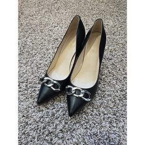 EUC Nine West Black With Silver Chain Accent Leather Stiletto Heels Size 8.5M
